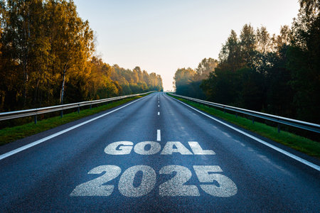 2025 goal plan to success, Business target, growth strategy. New year resolution and challenge. 2025 on the road in the middle of asphalt road with at sunset forward and planning to the goal.の写真素材