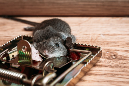 A gray mouse is pressed in a mousetrap at home. Concept of unwanted residential intruders. clos-up.の写真素材