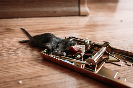 A gray mouse is pressed dead in a mousetrap at home. Concept of unwanted residential intruders.の写真素材