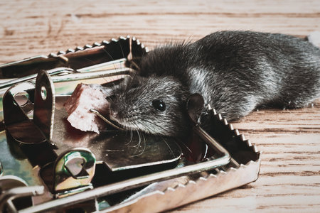 A gray mouse is pressed dead in a mousetrap at home. Concept of unwanted residential intruders. closeup. Toned.の写真素材