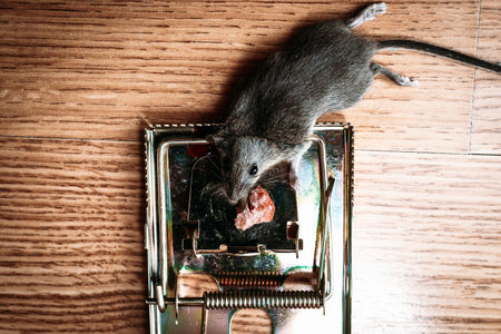 A gray mouse is caught in a mousetrap at home. Concept of residential intruders. clos-up.の写真素材