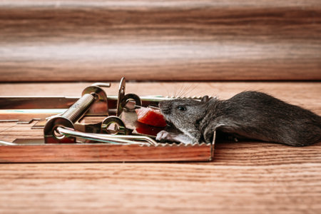 A gray mouse is pressed in a mousetrap at home. Concept of unwanted residential intruders.の写真素材