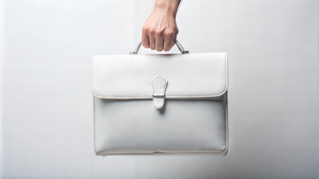 Laptop cover Mockup. Hand holding a white leather blank laptop bag Mockup. White Background. Minimalistic style.の素材