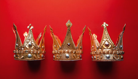 Three crowns of the three wise men over red background with copy space. Concept for Reyes Magos day. Three Wise Men concept.の素材