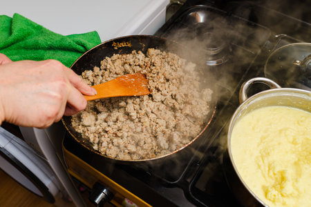A housewife frying minced meat with onions in a frying pan. Frying Minced Meat.の写真素材