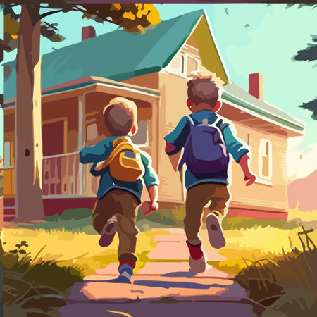 two children, brothers and sisters, just came home from school happily illustration cartoonのイラスト素材