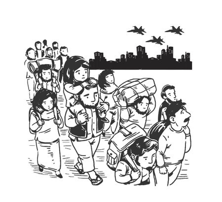 WOMEN CHILDREN ARE REFUGEES LEAVE THEIR HOME DUE TO THE WARのイラスト素材