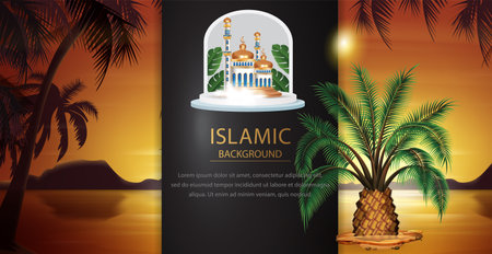 Ramadan Kareem islamic poster. Black and golden template with lantern hanging and mosque. Islamic elegant luxury background. vector illustrationのイラスト素材