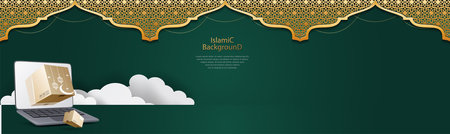 Islamic holiday banner in purple monotone design. Display layout with Ramadan lantern, metal moon and mosque portal. Calligraphy: Eid Mubarakのイラスト素材