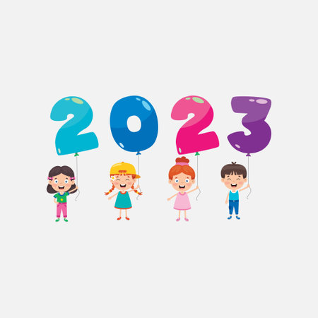 happy new year 2023 greeting with child holding balloon