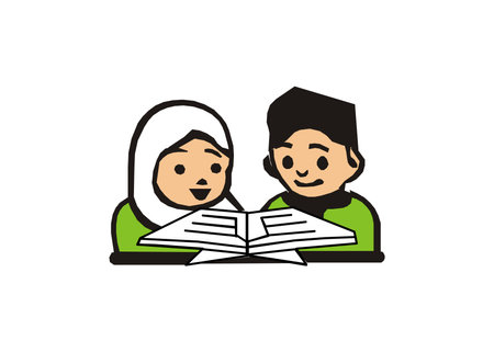 couple kids reading quran cartoonのイラスト素材