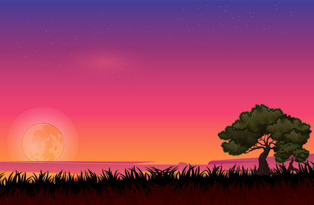 sunset backdrop landscape with life treeのイラスト素材