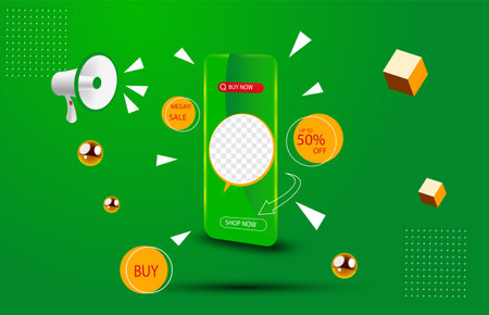 Banner announcing mega discount with half price reduction. Special offer with 50 percent off advertisement. Promotion poster template with limited time super sale vector illustrationのイラスト素材