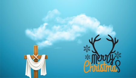 Christmas and New Year background. Xmas pine fir lush tree. Candy cane from cookies, golden gifts box. Glass Balls hanging on ribbon. Bright Winter holiday composition. Greeting card, banner, posterのイラスト素材