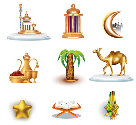 Ramadan Islam Collection Elements Icons Set Vector 3d realistic. Koran And Crescent, Hands And Candle, Carpet And Drum Mubarak Ramadan Holiday Concept web design conceptのイラスト素材