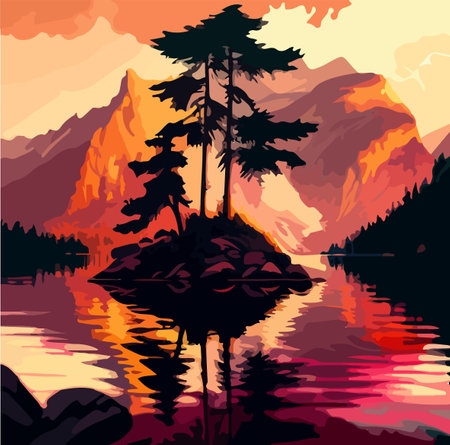 LANDSCAPE NATURE LAKE AND MOUNTAIN FOR READY PRINT SUNSET THEME BEAUTY LAND VECTORのイラスト素材