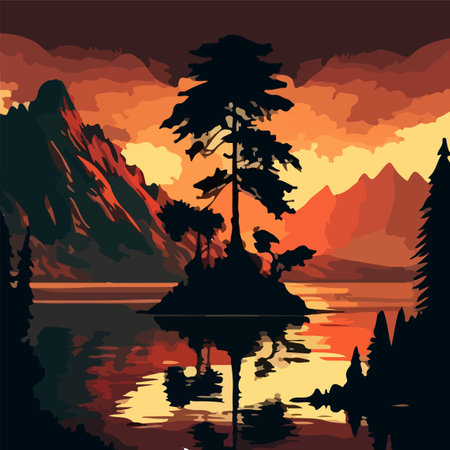 LANDSCAPE NATURE LAKE AND MOUNTAIN FOR READY PRINT SUNSET THEME BEAUTY LAND VECTORのイラスト素材