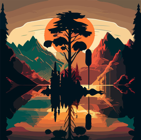 LANDSCAPE NATURE LAKE AND MOUNTAIN FOR READY PRINT SUNSET THEME BEAUTY LAND VECTOR ARTのイラスト素材