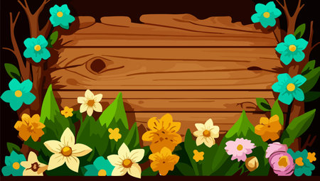 petals on spring background COPY SPACE WITH WOODEN EMPTY AND FLOWER AROUND SIDEのイラスト素材
