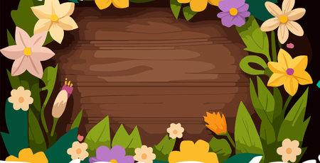 petals on spring background COPY SPACE WITH WOODEN EMPTY AND FLOWER AROUND SIDEのイラスト素材