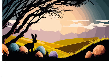 Happy Easter Day Design with Hanging Colorful Painted Realistic Eggs and Cute Bunny Vector ILLUSTRATIONのイラスト素材