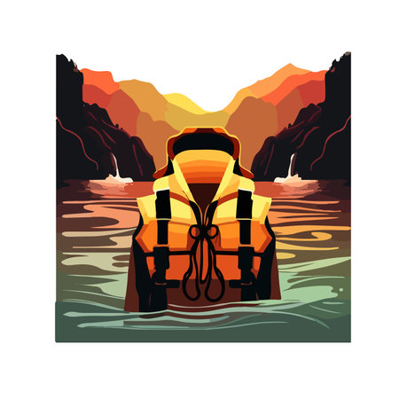 life jackets vector illustration IN WATERFALL SUNSET BACKGROUND T SHIRT DESIGNのイラスト素材