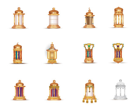 Oriental lamps. Arab lanterns hang on gold chains. Isolated realistic decorative lighting 3D VECTOR ARTのイラスト素材