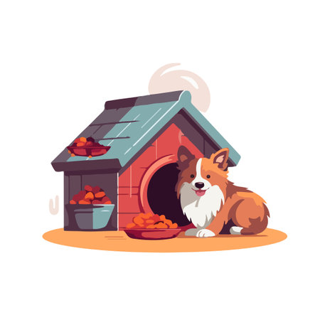 Dog House/ Illustration of a cartoon funny dog and house with dish for dog meal vector artのイラスト素材