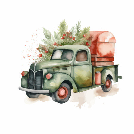 vintage truck with pine tree christmas watercolor element vector elementのイラスト素材