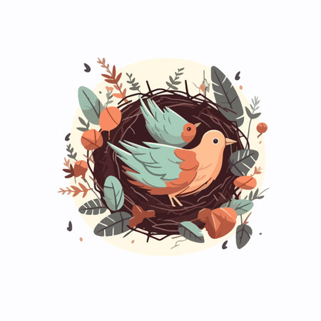 bird nest on tree branch with birds family vector flat illustrationのイラスト素材