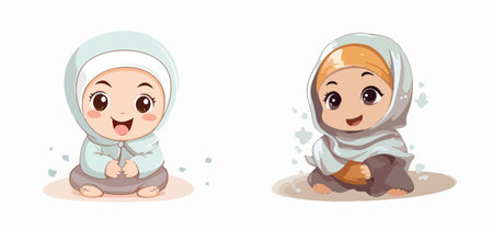 cute baby wearing muslim hijab pashmina vector illustration set different styleのイラスト素材