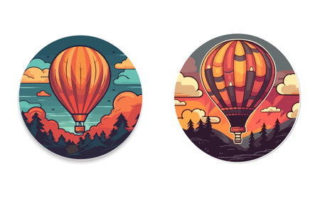 hot air balloon flying over forest flat vector sticker set vectorのイラスト素材