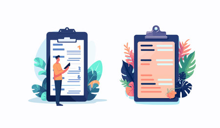 planning, to do list, time management clipboard task man is standing near large to do listのイラスト素材