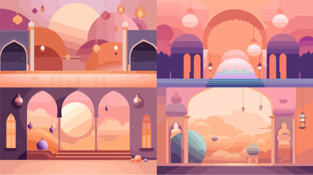social media post template islamic event in green, white and gold with lantern designのイラスト素材