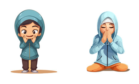 happy muslim kid pray faithful celebrating holy month eid mubarak vectorのイラスト素材