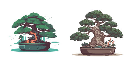 Set of bonsai Japanese trees grown in containers pot elegant sticker vectorのイラスト素材