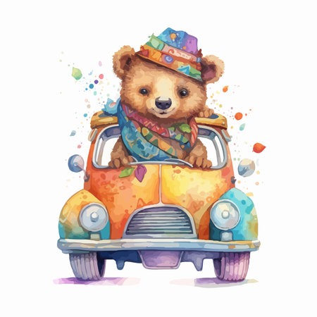 funny bear in car color full vibrant for kid t shirt print vectorのイラスト素材