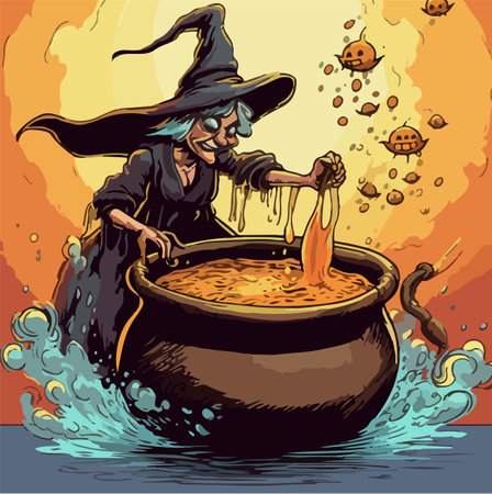 old women witch brews a potion in the cauldron in fire cookingのイラスト素材