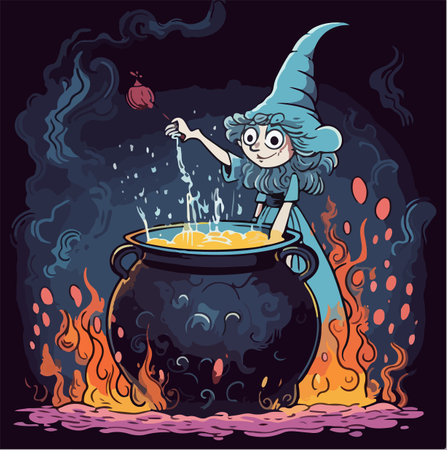 old women witch brews a potion in the cauldron in fire cookingのイラスト素材