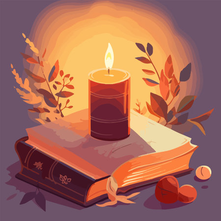 book with light candle on table school concept vectorのイラスト素材