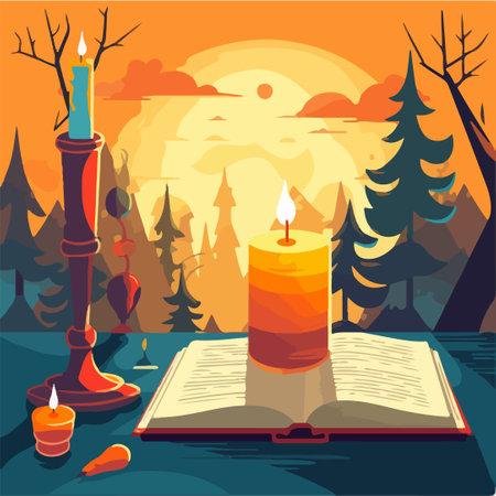 book with light candle in forest background vector artのイラスト素材