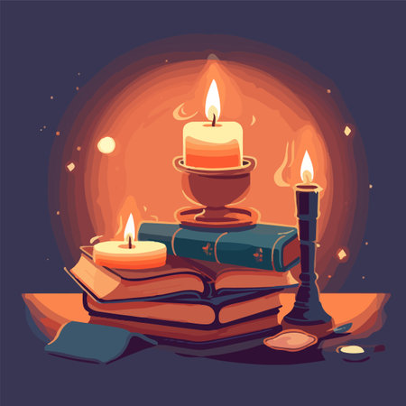book with light candle on table school concept vector abstractのイラスト素材