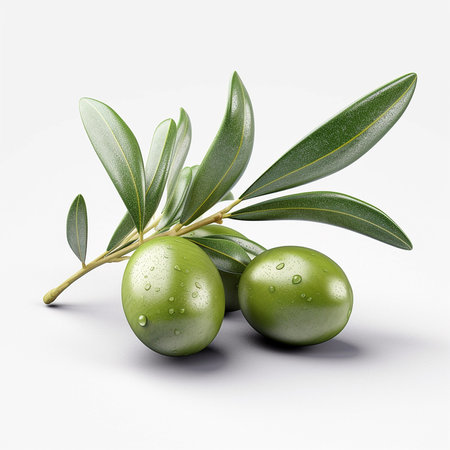 GREEN FRESH OLIVE fruit with leaf isolate WHITE BACKGROUNDの写真素材