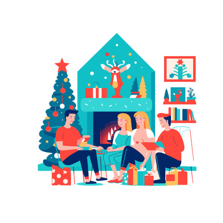 sitting in living room on the floor at fireplace and decorated christmas tree exchanging xmas presentsのイラスト素材
