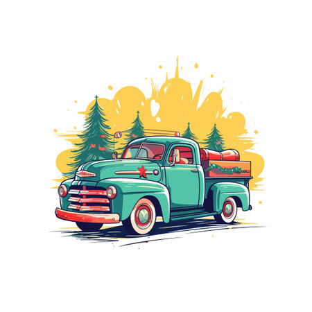 vintage truck on forest pine with snow mountainのイラスト素材