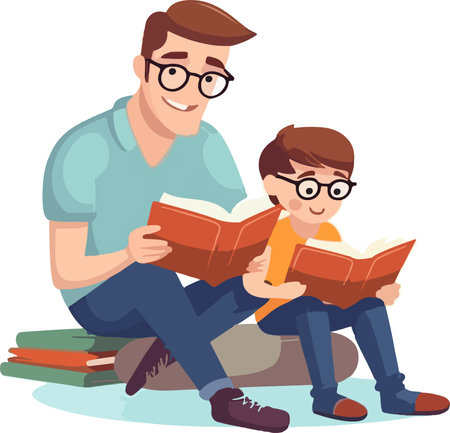 PARENT TEACHING SON RIDING A BOOK STORY FLAT ILLUSTRATIONのイラスト素材