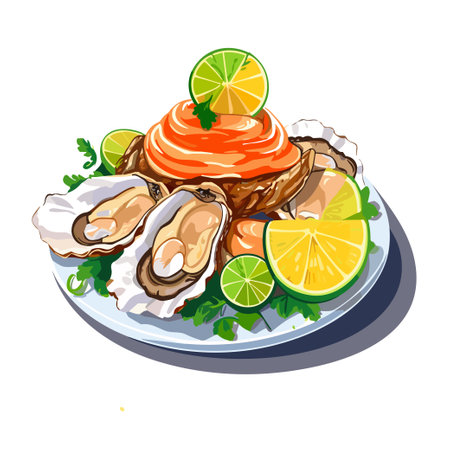 oyster menu restaurant with lime on plate vector realistic illustrationのイラスト素材