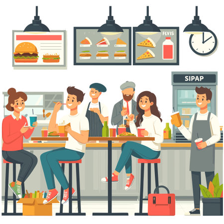 cafeteria food court for buy and eat food together flat vectorのイラスト素材
