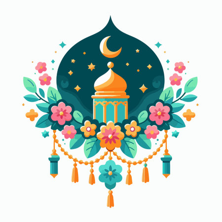 Crescent moon and mosque. Ramadan Kareem. Vector illustration.のイラスト素材
