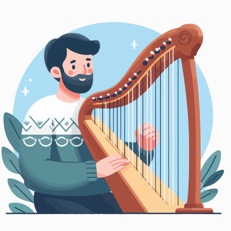 musician man play harp flat vector illustrationのイラスト素材
